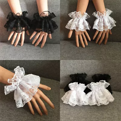 Womens Gothic Lace Wrist Cuffs Bracelet Ruffled Stretch Detachable Fake Sleeve • £2.39