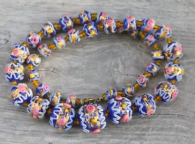 Vintage VENETIAN Wedding Cake Art Murano Glass Cobalt Bead Necklace • $128