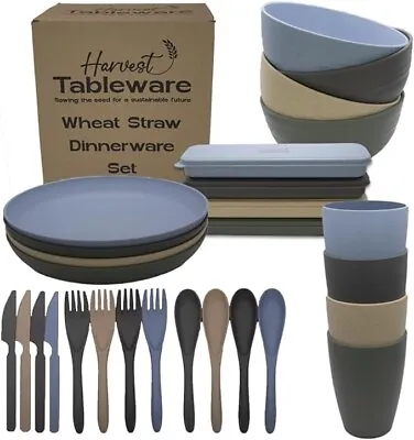 Eco Wheat Straw Camping Tableware Set 28Pcs With Cups Bowls Plates Cutlery - UK • £19.99