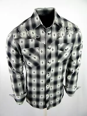 Mens Western Rodeo Shirt Black Plaid Embroidered Snap Up Cowboy Pockets • $19.95