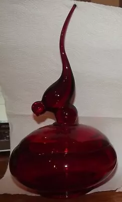 Viking MCM Ruby Red Viking Glass Long Tail Bird Candy Dish Lidded Bowl 11 1/2  • $240.99