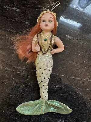 Vintage MERMAID DOLL ORNAMENT Red Hair Porcelain Upper Body Green Sequins 10” • $29.99