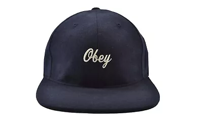 Obey Walter Hat Navy White Embroider Logo Wool Blend Leather Strapback Men's Hat • $26.99