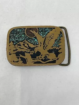 Vintage Harmony Metal Colorado Solid Brass Turquoise Wood Eagle Belt Buckle Usa • $29.99