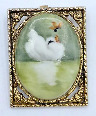 B6-664 Vintage Brooch Gold Tone Pin 2  Hand Painted Picture Dove Animal • $5.99