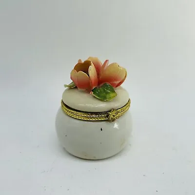 Vintage Floral Trinket Box Ceramic 3-D Flower Design On Hinged Lid • $14
