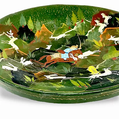 HUNT SCENE BOWL Platter Kashmiri Hand Painted Papier Mache Mughal Folk Art India • $82.98