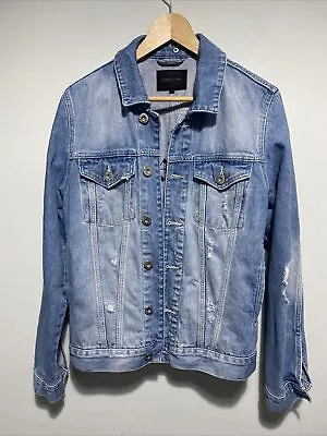 £19.99 • Buy River Island Men's Denim Jacket Size M Stone Washed Blue Denim Ripped Designer