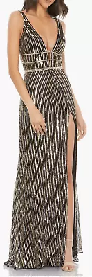 Mac Duggal Stripe Sequin Plunge Column Gown In Black & Gold NWT Size 6 • $275