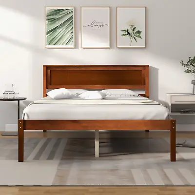 Wood Full Platform Bed With Headboard Mid Century Solid Wood Bed Frame With Woo • $226.99