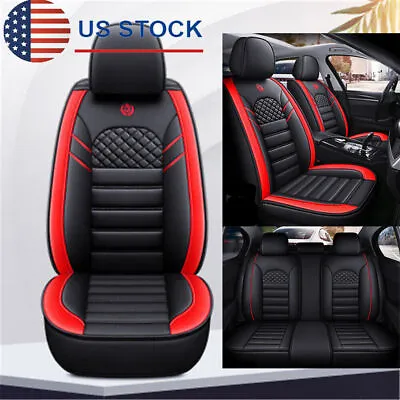 Black Red PU Leather Car Seat Covers Front & Rear Full Surrounded For 5-Seat Car • $69.08