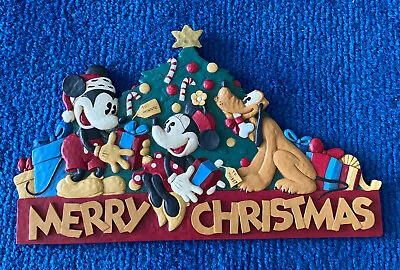 Vintage Disney Merry Christmas Mickey Minnie Pluto Heavy Resin Wall Decor 14” • $39.95
