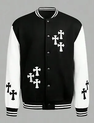 Varsity Jacket Size Large Mens New Cross Bomber Coat Button Up New Black White • $17.99
