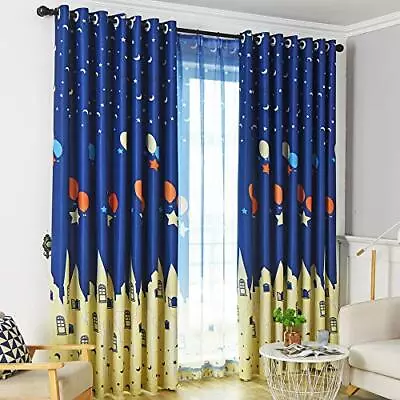 Navy Blue Kids Blackout Curtains Mediterranean Star Balloon Castle Pattern G... • $43.25