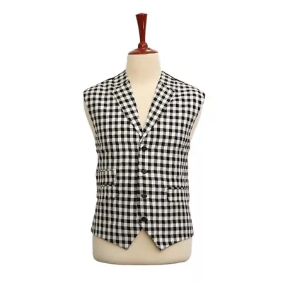 Mens Vest Suit Lapel Black White Plaid Check Formal Wedding Waistcoat XL 46 • $59.99