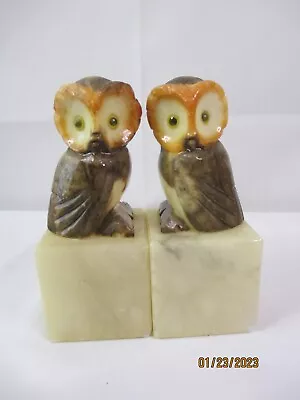 Vintage Italian Pair Of Owl Alabaster Marble Hand Carved  Bookends W Glass Eyes • $90