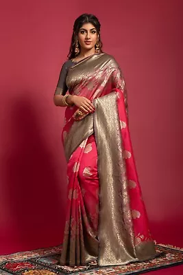 $38.95 • Buy Party Wear Indian Wedding Silk Saree Bollywood Ethnic Design Woven Border Sari