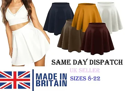 Womens Plain Mini Ladies Soft Stretch Flared Skater Midi Skirt Plus Size 8-22 • £9.99