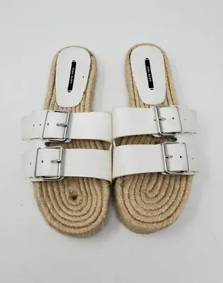 Zara Basic Collection White Double Buckle Espadrille Slide Sandals Size 10 • $14