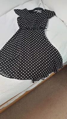 Wallis Floaty/Chiffon-y Black Polka Dot Tea Dress Flutter Sleeves Size 10 Petite • £6