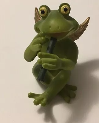 Vintage Hard Plastic Green Angel Frog Playing Flute Figurine 2 1/2  Tall • $6.99