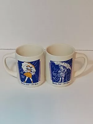 Vintage Morton Salt Girl Coffee Cup Mug When It Rains It Pours Umbrella Set Of 2 • $8