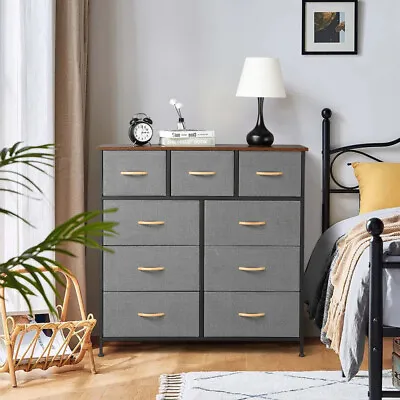 Grey 9 Drawers Chest Of Drawers Bedroom Storage Cabinet Fabric Organizer Unit • £63.99