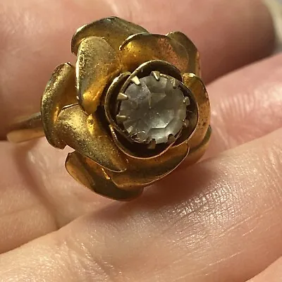 Gold Tone Ring Rose W/ Clear Stone In Center Size 3 OLD Vintage Adjustable • $21.75