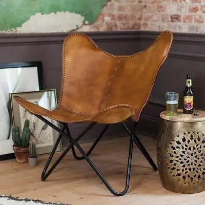 Handmade Retro Vintage Tan Buffalo Leather Home & Garden Butterfly Chair BKF • $133.65