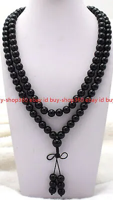 8mm 10mm Natural Black Agate Tibet Buddhist 108 Prayer Beads Mala Necklace • $7.59
