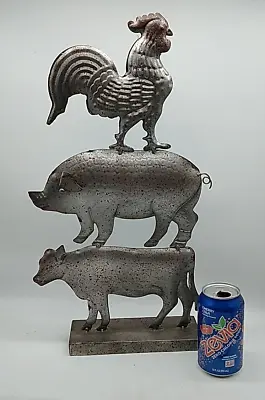 Stacked Cow Pig & Rooster Farm Sculpture Chicken 19.25  Tall Metal • $44.99