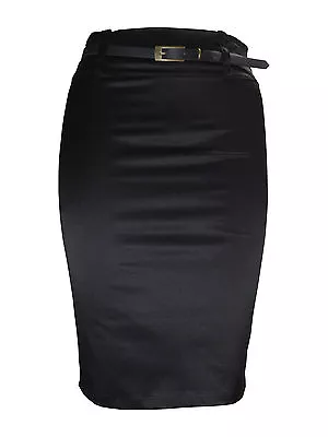 Satin Pencil Skirt For Women Ladies Plain Black Stretch Plus Size 8 -18 Stn  • £16.99