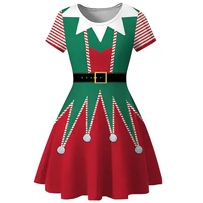 Christmas Party Dresses Women's Round Neck Elf Dress With Short Sleeve • $60.62