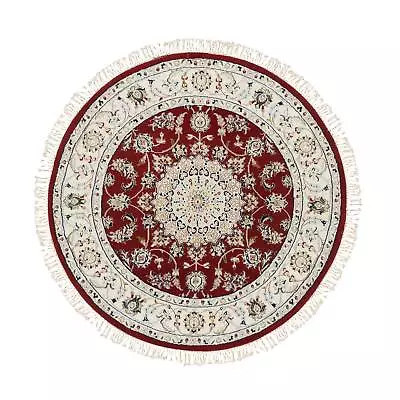 4'x4' Red Pure Wool Hand Knotted Nain Flower Design 250 KPSI Round Rug R64752 • $558.90