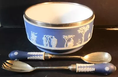 Wedgwood Cobalt Blue Jasper Dip Salad Bowl & Servers  Lovely Condition 1890 • £70