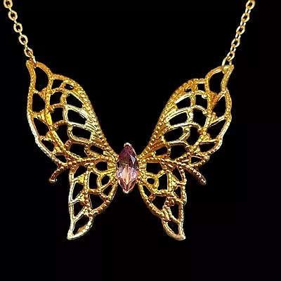 Vintage LIND 14K Gold Electroplate Marquise Purple Amethyst Butterfly Necklace • $39.95