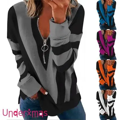 £12.79 • Buy Women V Neck Zip Up T-Shirt Tunic Tops Long Sleeve Casual Pullover Jumper Blouse