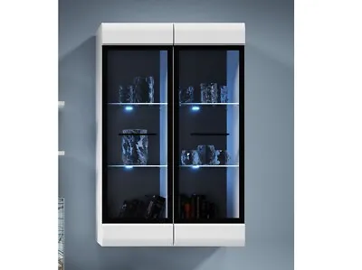 Wall Display Cabinets Glass Door LED Lights Tall 2 X Unit Set White Gloss Fever • £299.95