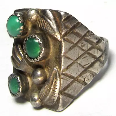 Navajo OLD PAWN THREE Green Stone TURQUOISE FILED Chiseled Ring 28g Size 10 1/2 • $399