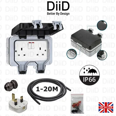 £13.89 • Buy Exterior Double Plug Socket 1m - 20m | DIY Outside Extension Lead | Waterproof