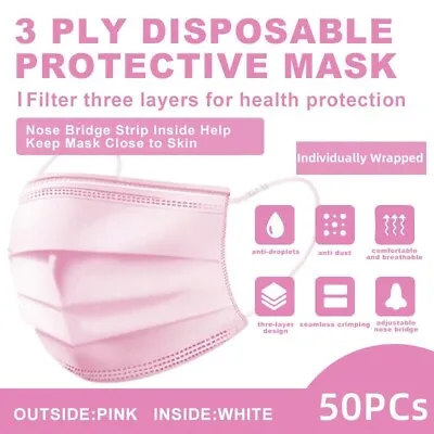 【Pink】50 Pcs Face Mask Disposable Non Medical Surgical 3-Ply Earloop Mouth Cover • $8.97