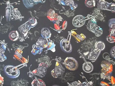 Motorcycle Chopper Biker Harley Black Digital Cotton Fabric Fq • $3.99