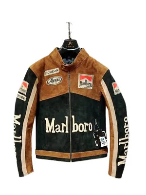 Vintage Marlboro Racing Leather Jacket Mens Motorcycle Biker Real Leather Jacket • $40
