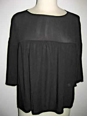 ZARA BLACK SHEER CHIFFON YOKE CREPON Splice SMOCK TUNIC TOP Worn 4 MATERNITY M • £2.99