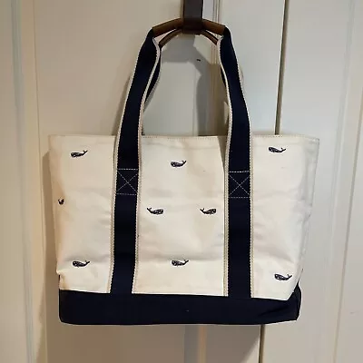 LL Bean Vintage Embroidered Whale Beach Boat Large Tote Bag Rare Cotton Leather • $50