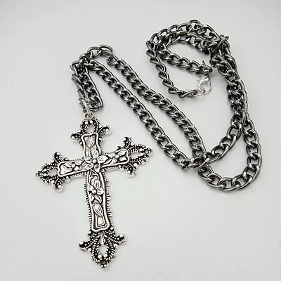 Big Crucifix Necklace Large Cross On Long 5 Mm Wide Curb Chain Goth Religion • £5.95