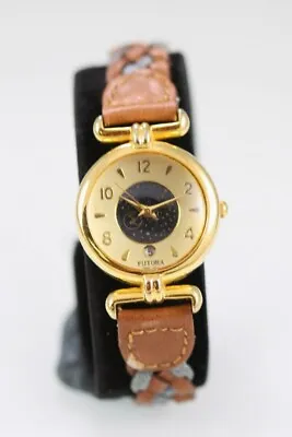 Futura Women Watch Stainless Steel Gold Brown Leather WR Batt Moon Date Quartz • $43.97