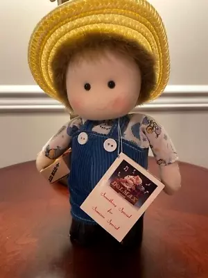 Vintage Dolmax Wind-up Mechanical Musical Cloth Farmer Boy Doll  Overalls Hat • $20