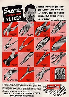 $14.95 • Buy 1952 Snap-On Tools Vacuum Grip Pliers Full Line Original Color Print Ad 
