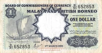 Malaya  $1   1.3.1959  P 8A  Series  B/31  Circulated Banknote EBK • $17.50